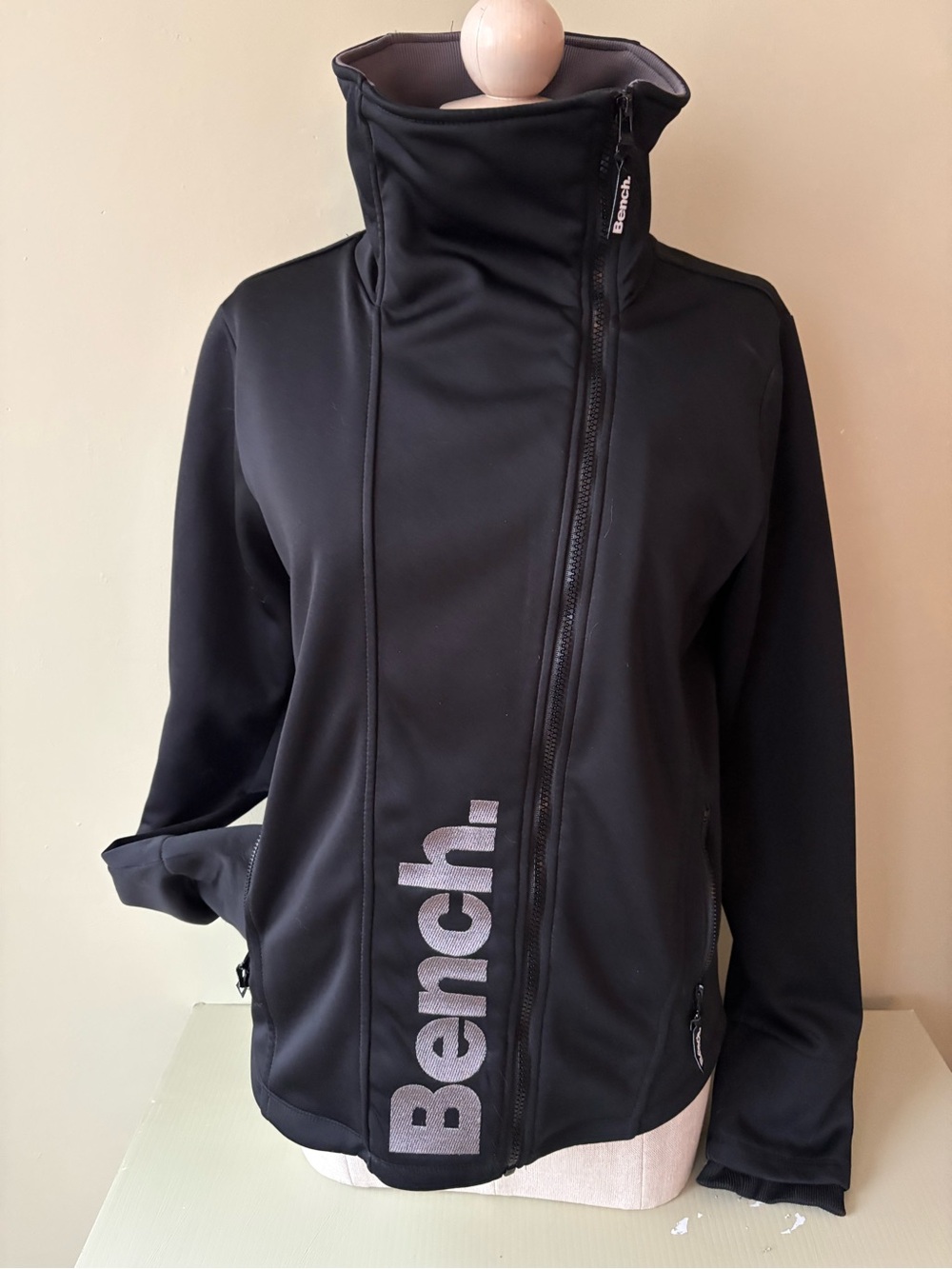 Bench Black Asymmetrical Zip Jacket with High Collar large y2k